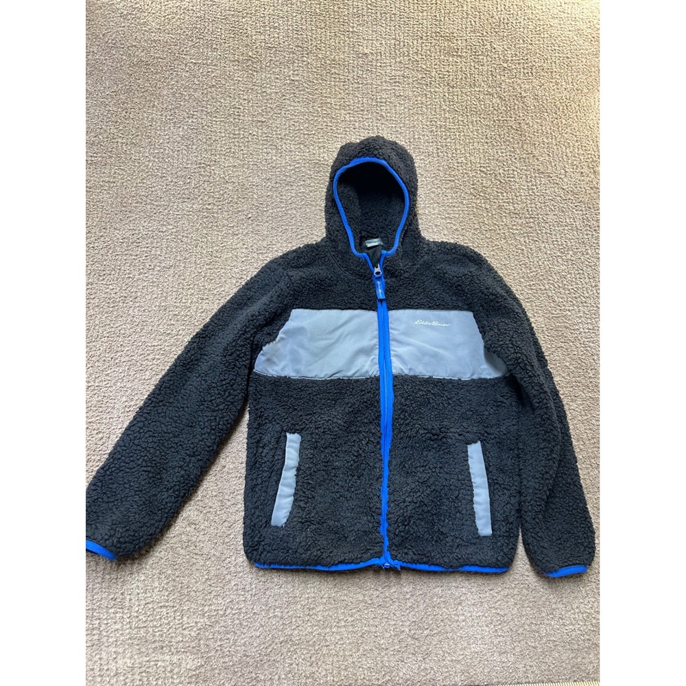 Eddie Bauer Kids Sherpa Fleece Hooded Jacket Black Blue Grey Full Zip Size S 7/8